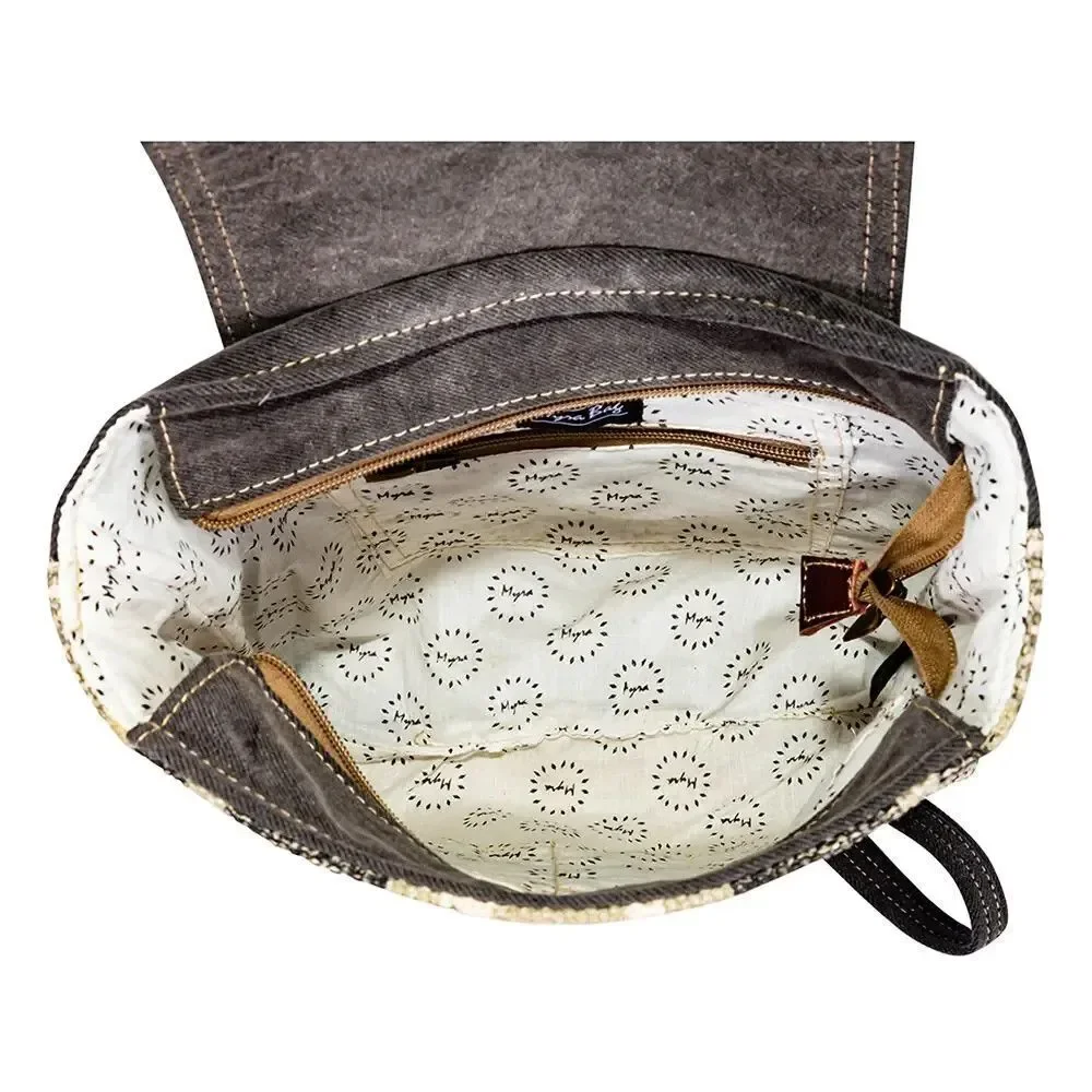 Myra Bag Handmade Arrowhead Backpack Upcycled Canvas & Cowhide Leather